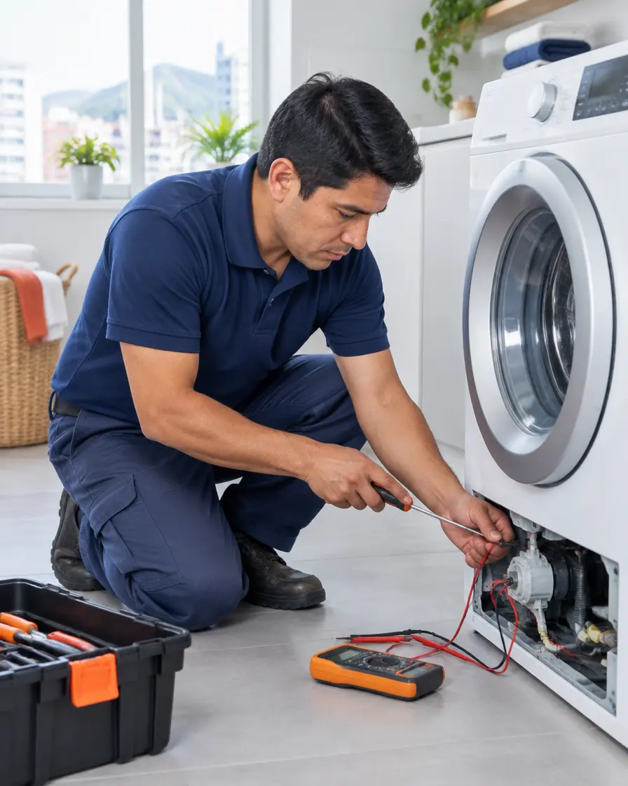 Técnico de Electrolima reparando una lavadora de carga frontal a domicilio en Lima